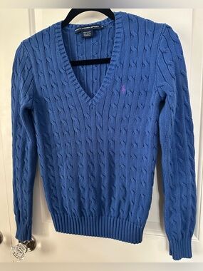 Ralph Lauren Sport Blue Cable Knit V-Neck Sweater Medium Cotton